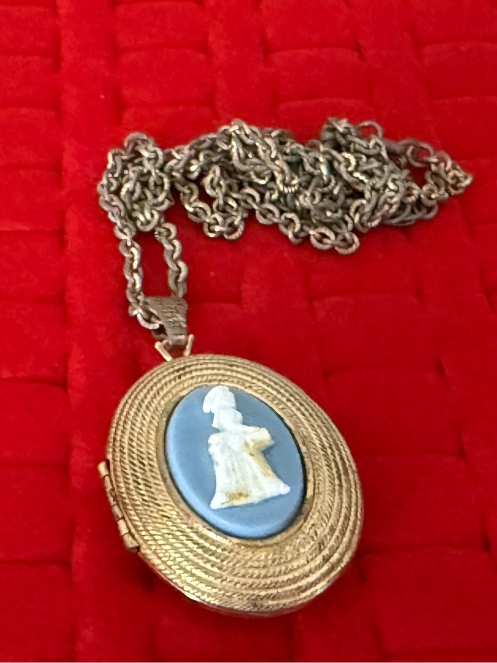 Gold Cameo Locket Necklace with Blue Raised Cameo